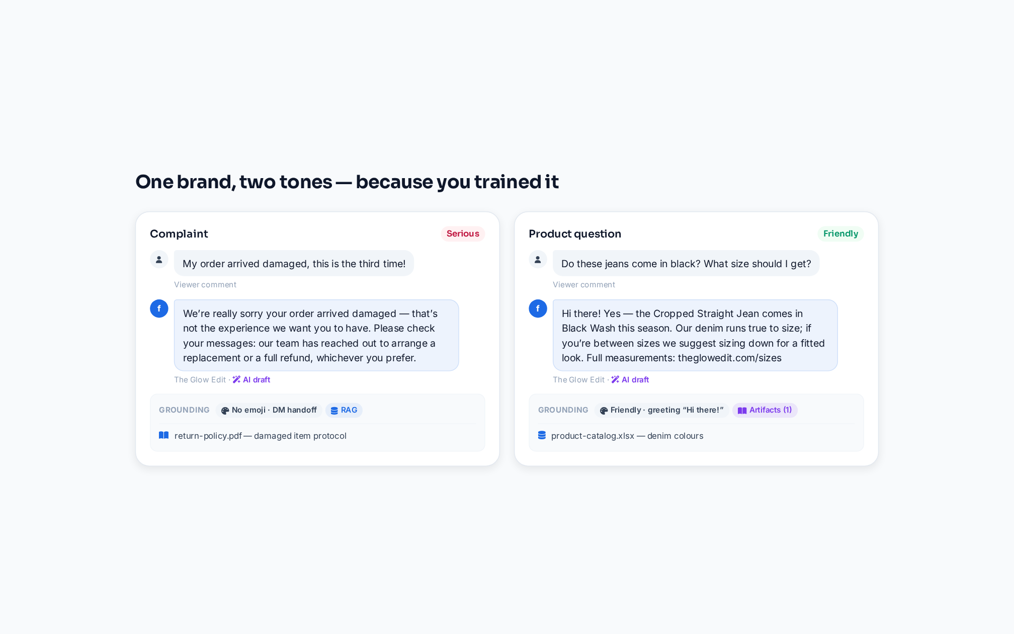 Complaint versus product-question reply tones side by side — serious and professional for the complaint, friendly and helpful for the product question, each grounded in approved knowledge