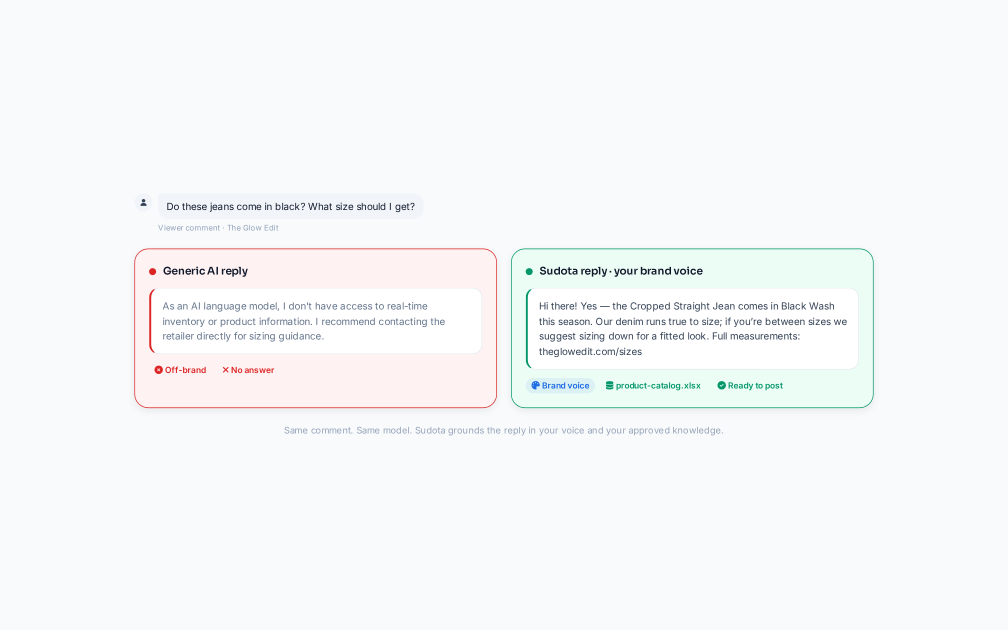 Two versions of the same reply to a customer comment — a generic AI answer versus an on-brand Sudota reply grounded in the brand's catalog