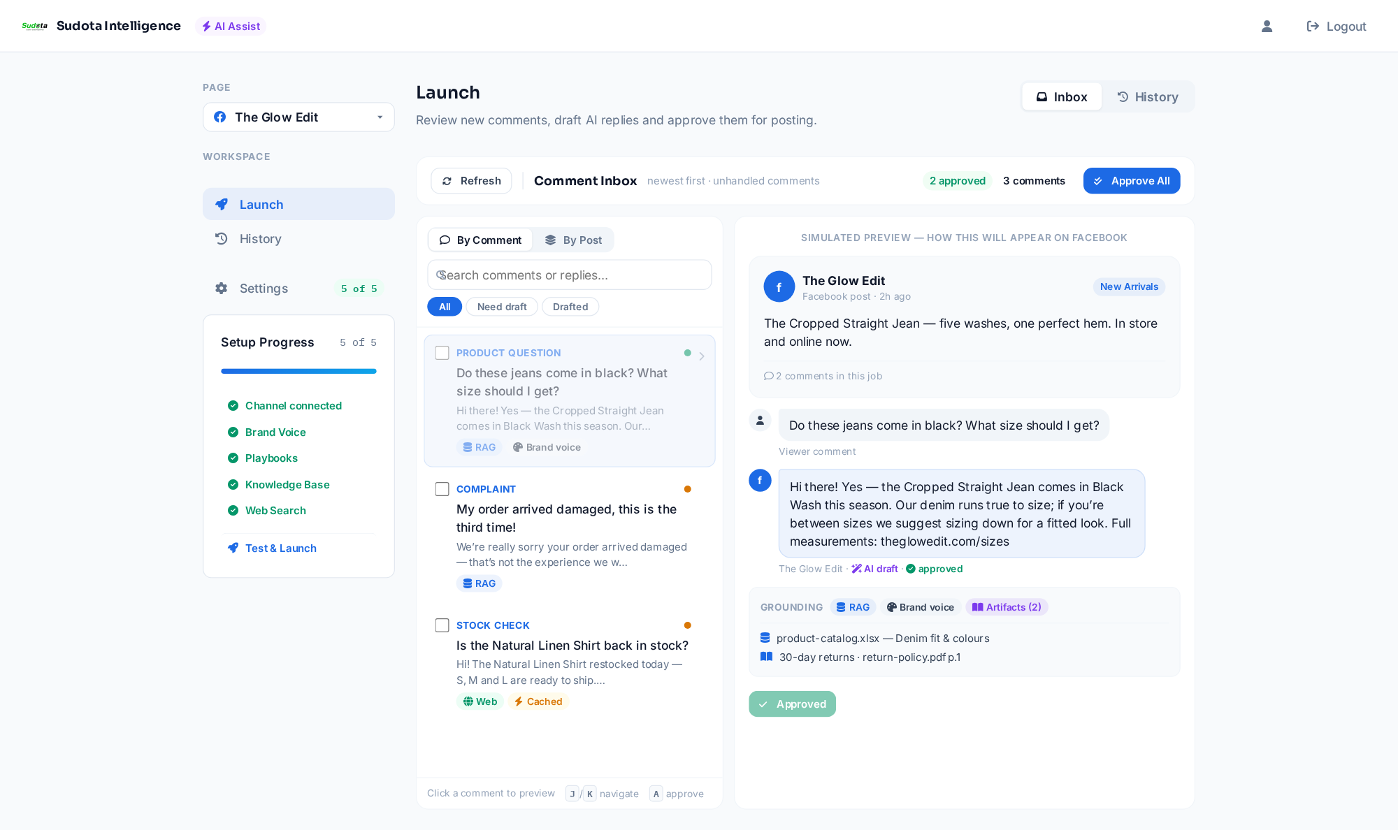 Sudota dashboard showing approved AI replies to Facebook and Instagram comments — the Launch inbox with grounding chips and source citations