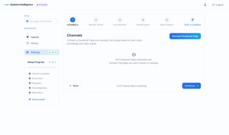 Step 1 walkthrough: connecting a Facebook or Instagram page from the Channels settings screen