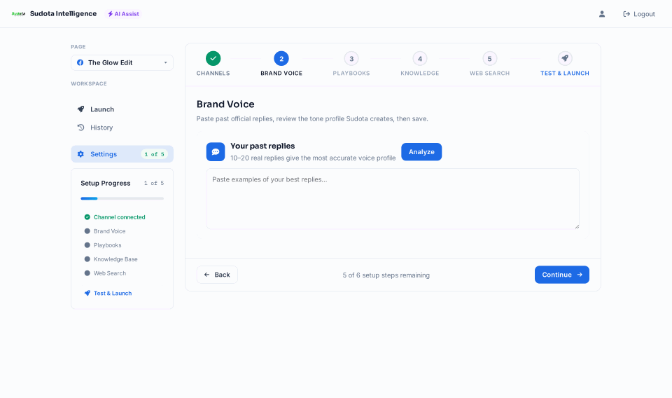 Step 2 walkthrough: pasting past replies, analyzing, and saving the brand voice tone profile
