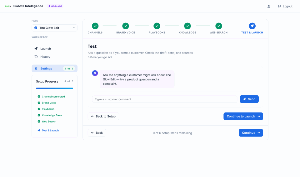 Step 6 walkthrough: testing a sample customer comment and reviewing the AI draft with its sources